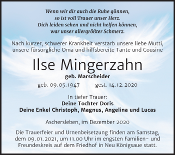 Traueranzeige von Ilse Mingerzahn von Mitteldeutsche Zeitung Aschersleben