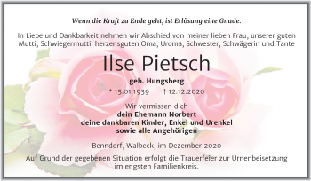 Traueranzeige von Ilse Pietsch von Super Sonntag Mansfelder Land