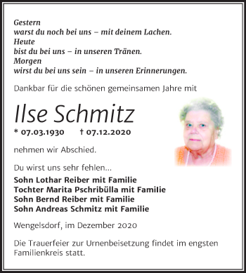 Traueranzeige von Ilse Schmitz von Wochenspiegel Weißenfels