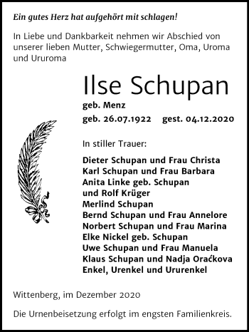 Traueranzeige von Ilse Schupan von Mitteldeutsche Zeitung Wittenberg
