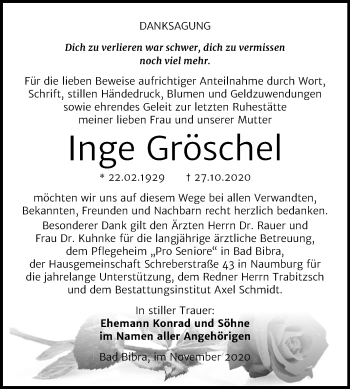 Traueranzeige von Inge Gröschel von Wochenspiegel Naumburg/Nebra