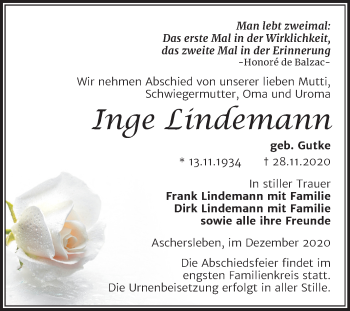 Traueranzeige von Inge Lindemann von Super Sonntag Aschersleben