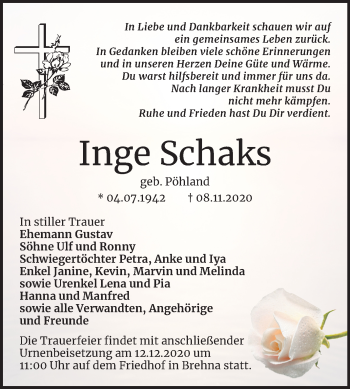 Traueranzeige von Inge Schaks von Mitteldeutsche Zeitung Bitterfeld