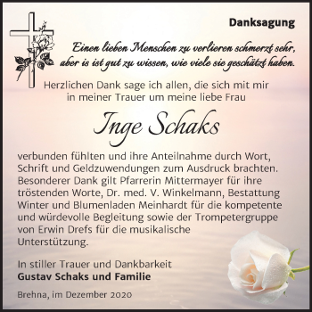 Traueranzeige von Inge Schaks von Mitteldeutsche Zeitung Bitterfeld
