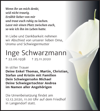 Traueranzeige von Inge Schwarzmann von Wochenspiegel Weißenfels