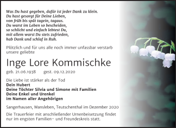 Traueranzeige von Inge Lore Kommischke von Super Sonntag Sangerhausen