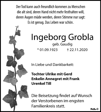 Traueranzeige von Ingeborg Grobla von Wochenspiegel Weißenfels