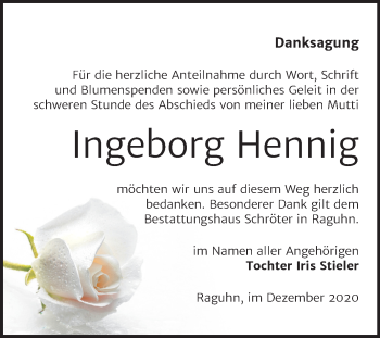 Traueranzeige von Ingeborg Hennig von Mitteldeutsche Zeitung Bitterfeld