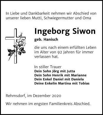 Traueranzeige von Ingeborg Siwon von Mitteldeutsche Zeitung Zeitz