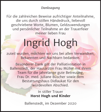 Traueranzeige von Ingrid Hogh von Mitteldeutsche Zeitung Quedlinburg