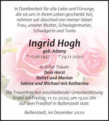 Traueranzeige von Ingrid Hogh von Mitteldeutsche Zeitung Quedlinburg
