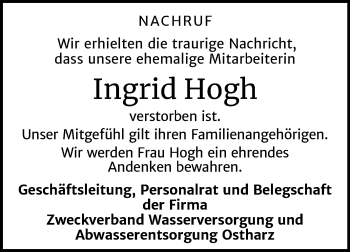 Traueranzeige von Ingrid Hogh von Mitteldeutsche Zeitung Quedlinburg