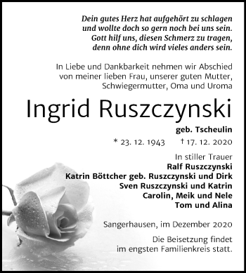 Traueranzeige von Ingrid Ruszczynski von Mitteldeutsche Zeitung Sangerhausen