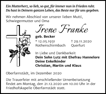 Traueranzeige von Irene Franke von Mitteldeutsche Zeitung Merseburg/Querfurt