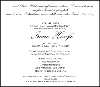 Traueranzeige von Irene Haufe von Mitteldeutsche Zeitung Naumburg/Nebra