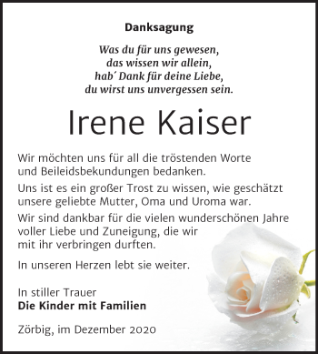 Traueranzeige von Irene Kaiser von Mitteldeutsche Zeitung Bitterfeld