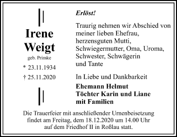 Traueranzeige von Irene Weigt von Super Sonntag Wittenberg