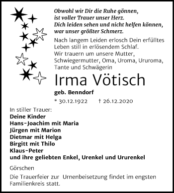 Traueranzeige von Irma Vötisch von Mitteldeutsche Zeitung Naumburg/Nebra