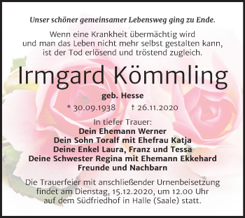 Traueranzeige von Irmgard Kömmling von Mitteldeutsche Zeitung Halle/Saalkreis