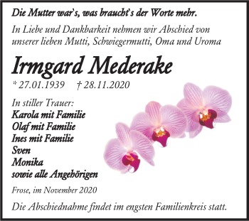 Traueranzeige von Irmgard Mederake von Super Sonntag Aschersleben