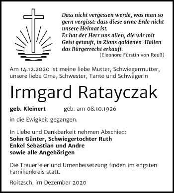 Traueranzeige von Irmgard Ratayczak von Mitteldeutsche Zeitung Bitterfeld