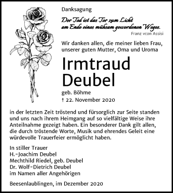 Traueranzeige von Irmtraud Deubel von Super Sonntag Bernburg