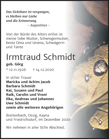 Traueranzeige von Irmtraud Schmidt von Mitteldeutsche Zeitung Zeitz