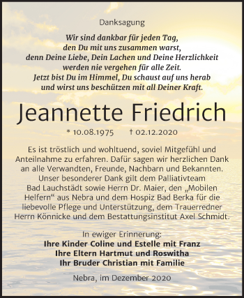 Traueranzeige von Jeannette Friedrich von Wochenspiegel Naumburg/Nebra