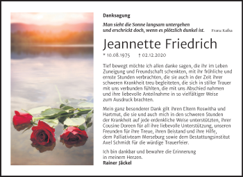 Traueranzeige von Jeannette Friedrich von Mitteldeutsche Zeitung Naumburg/Nebra
