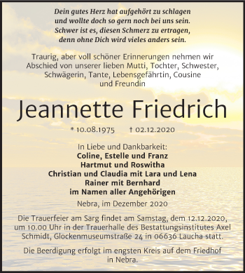 Traueranzeige von Jeannette Friedrich von Wochenspiegel Naumburg/Nebra