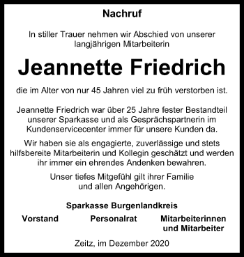Traueranzeige von Jeannette Friedrich von Mitteldeutsche Zeitung Naumburg/Nebra