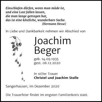 Traueranzeige von Joachim Beger von Super Sonntag Sangerhausen