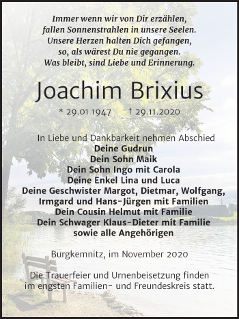 Traueranzeige von Joachim Brixius von Wochenspiegel Bitterfeld