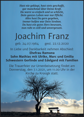Traueranzeige von Joachim Franz von Mitteldeutsche Zeitung Halle/Saalkreis