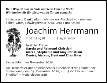 Traueranzeige von Joachim Herrmann von Mitteldeutsche Zeitung Quedlinburg