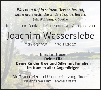 Traueranzeige von Joachim Wassersiebe von Mitteldeutsche Zeitung Wittenberg