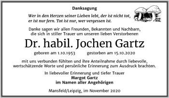 Traueranzeige von Jochen Gartz von Wochenspiegel Mansfelder Land