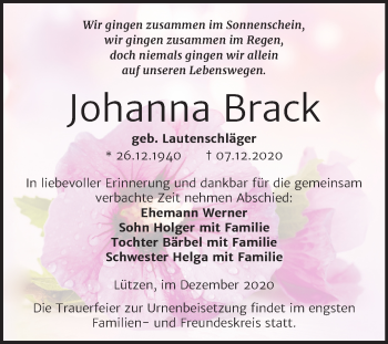 Traueranzeige von Johanna Brack von Wochenspiegel Weißenfels