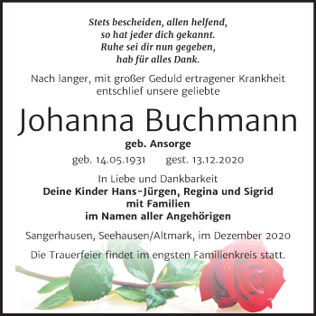 Traueranzeige von Johanna Buchmann von Super Sonntag Sangerhausen