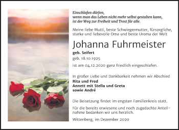Traueranzeige von Johanna Fuhrmeister von Mitteldeutsche Zeitung Wittenberg