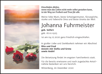Traueranzeige von Johanna Fuhrmeister von Super Sonntag Wittenberg