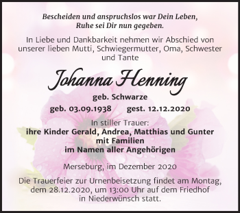 Traueranzeige von Johanna Henning von Mitteldeutsche Zeitung Merseburg/Querfurt