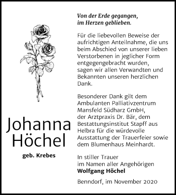 Traueranzeige von Johanna Höchel von Super Sonntag Mansfelder Land