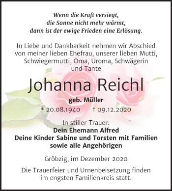 Traueranzeige von Johanna Reichl von Super Sonntag Köthen