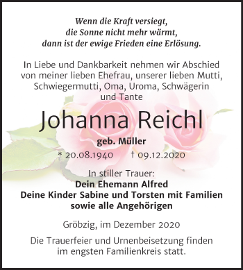 Traueranzeige von Johanna Reichl von Mitteldeutsche Zeitung Köthen