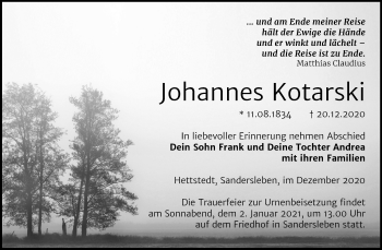 Traueranzeige von Johannes Kotarski von Mitteldeutsche Zeitung Mansfelder Land