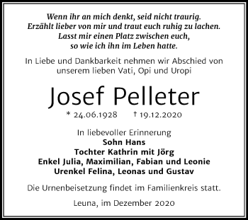 Traueranzeige von Josef Pelleter von Mitteldeutsche Zeitung Merseburg/Querfurt