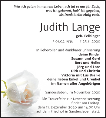 Traueranzeige von Judith Lange von Mitteldeutsche Zeitung Mansfelder Land
