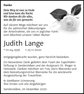 Traueranzeige von Judith Lange von Mitteldeutsche Zeitung Mansfelder Land