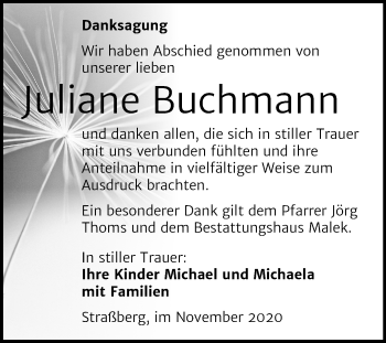 Traueranzeige von Juliane Buchmann von Super Sonntag Quedlinburg